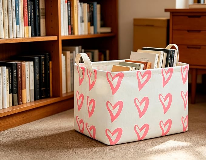 CLOCOR Rectangular Pink Heart Basket Empty, Storage Bin, Waterproof Book Box, Gift Basket(Pink Heart)