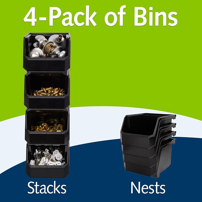 Medium-Tall Stackable Plastic Storage Bins, 4-Pack, Black | Open-Front Stackable Bins For Garage, Pantry, Closet & Office, 7"L X 11"W X 8"H, Nests When Empty, Durable Plastic
