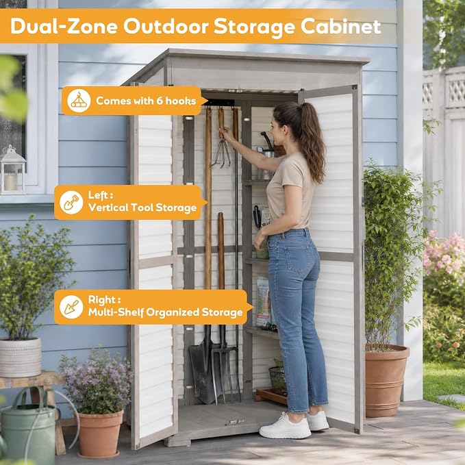 Large Outdoor Storage Cabinet with 3 Shelves, Weatherproof Shed for Outside | Fold-out Work Table, Dual-zone Shelves Keep Tools Organized, Clear Window, 6 Hooks, Anti-tip, Fits Patio, Garden, Garage