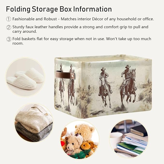 Horse Desert Cowboy Beige Rectangular Storage Bin Basket with Handles - Organizer Bins Laundry Storage Basket for Pets Room Books Closet