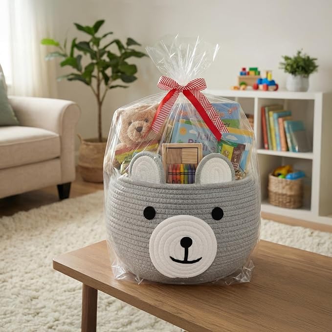 CherryNow Baby Basket for Gifts Empty, Cute Bear Design, Light Grey | 10.5" x 8.5" Woven Rope Baby Shower Basket, Fits Living Room Nursery Décor, Small Gift Baskets Empey for Kids