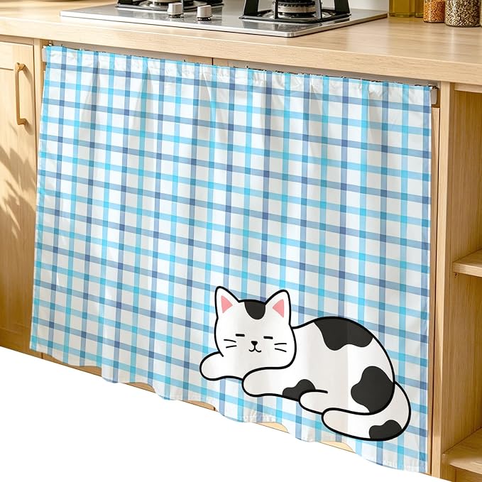 Cute Cat Cabinet Dishwasher Hidden Curtains, Privacy Closet Door Curtain, Blue Purple Checked Modern Pet Cats Rustic Adhesive Dust Proof Under Sink Skirt for Bathroom Kitchen 35"x35"