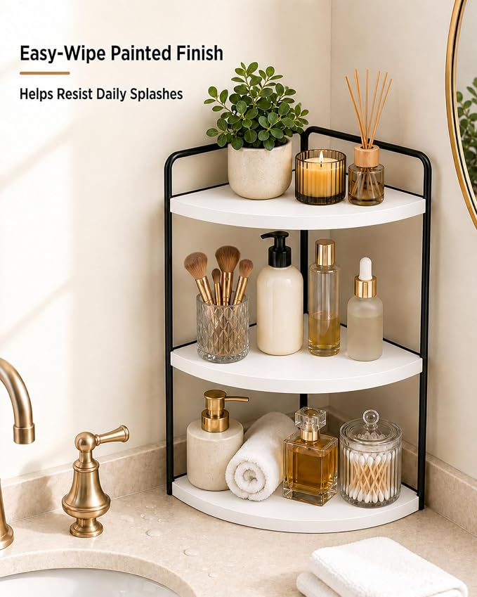 3-Tier Corner Bathroom Counter Organizer, Solid Pine Vanity Shelf, White | Solid pine 3-tier corner shelf with 6.3 in clearance for tall bottles in bathroom, vanity, kitchen, or coffee bar.