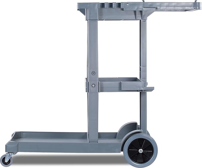Carlisle FoodService Products Janitorial Cart with 25 Gal Bag, Gray | Short Platform, 3 Shelves, Polyethylene, Broom Holders and Hooks, Non-Marking Wheels, Mop Bucket Platform