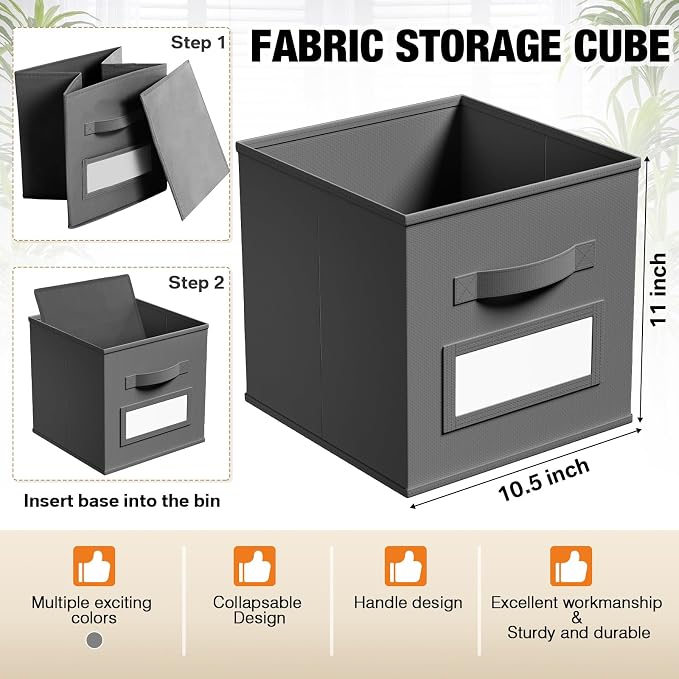 Teenyyou 10 Pack Fabric Storage Cubes 11 Inch Collapsible Cube Bins with Label Window & Handle Foldable Organizers Baskets for Shelf Closet Nursery Kids Room Clothes Book Toy(Gray)