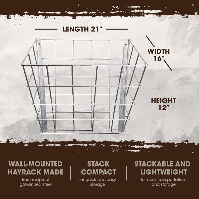 Rugged Ranch Galvanized Steel Livestock Hay Feeder Rack for Goats, Sheep, Horses and Cattle – 21"x16"x12", Silver, Wall-Mounted, Rust-Resistant, Lightweight and Stackable