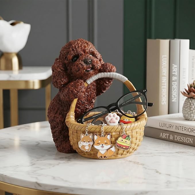 Cute Red Poodle Candy Bowl, Resin Dog Figurine Key Bowl for Entryway Table, Desktop Storage Basket Organizer for Desk, Unique Poodle Lover Gift