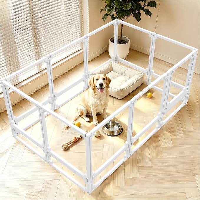 FlexiSpace Adjustable Clear Dog Play Pen, Expandable & Stackable Acrylic Dog Playpen, ONLY Dog Play Pen Indoors Grow with Your Pet Puppy Playpen (White, 34", 10 Panels)