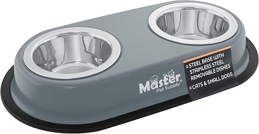 Master Pet Supply Double Dog Bowls Set with Elevated Base and 2 (8 oz) Stainless Steel Removable Dishes (Graphite) – Double Cat Food Water Bowl, Dog Puppy Food Bowl Set, Rust Resistant