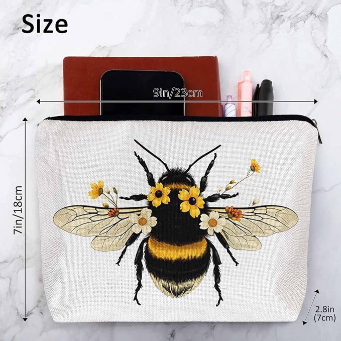 Women Makeup Organizer Bag Bumblebee Bumblebee Honey Bee Sunflowers Yellow Flax Cosmetic Bag Makeup Bags Toiletry Bag Accessories Organizer Travel Bags For Home Bathroom Office Hotel Gym