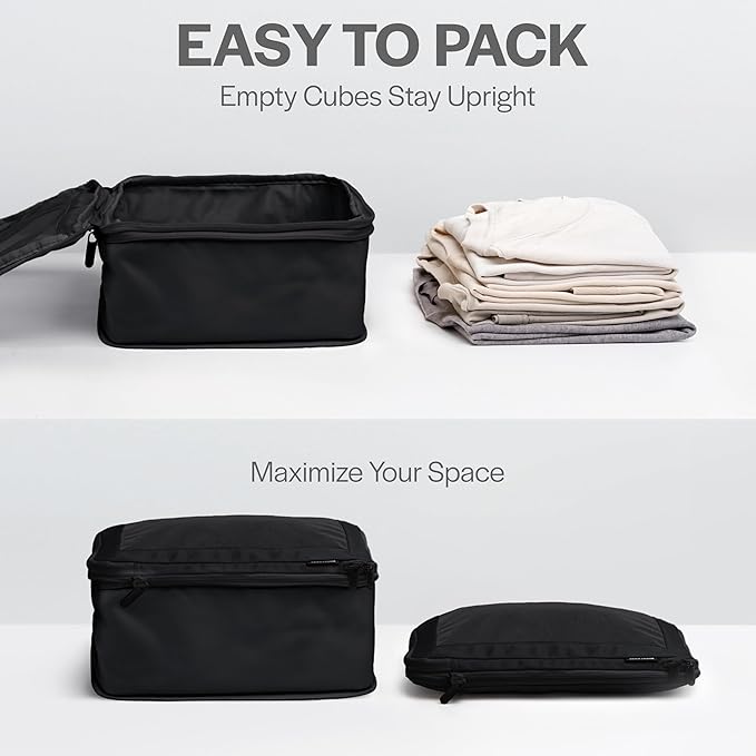 Compression Packing Cubes for Travel, 4-Pack, Black | Solves overpacking, 4-Piece set fits most carry-ons, 50% Space savings, Compression luggage organizer bags