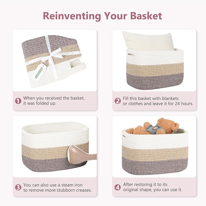 ECDYQXVU 15x10x9 Inch Woven Cotton Rope Storage Basket, 2 Pack | Foldable Design, Built-in Handles, Space-saving Organizer for Living Room, Bedroom, Laundry, Shelves, Clothes, Towels