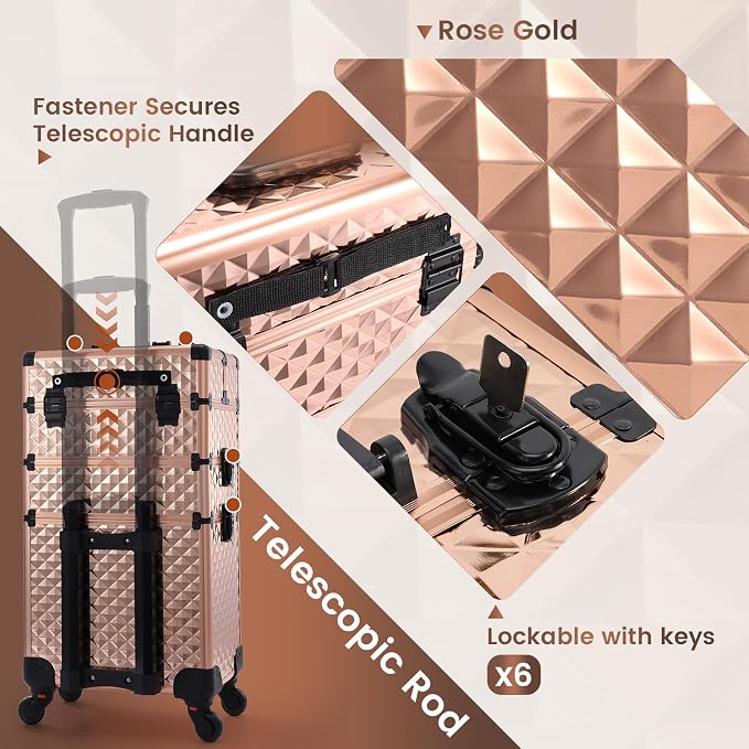 Rolling Makeup Train Case 3 in 1 Professional Cosmetic Trolley Large Storage with keys Swivel Wheels Salon Barber Case Traveling Cart Trunk for Make Up Nail Tech - Vintage Rose Gold | Cosmetic Trolley Large Storage with Keys 360° Swivel Salon Barber Ca...
