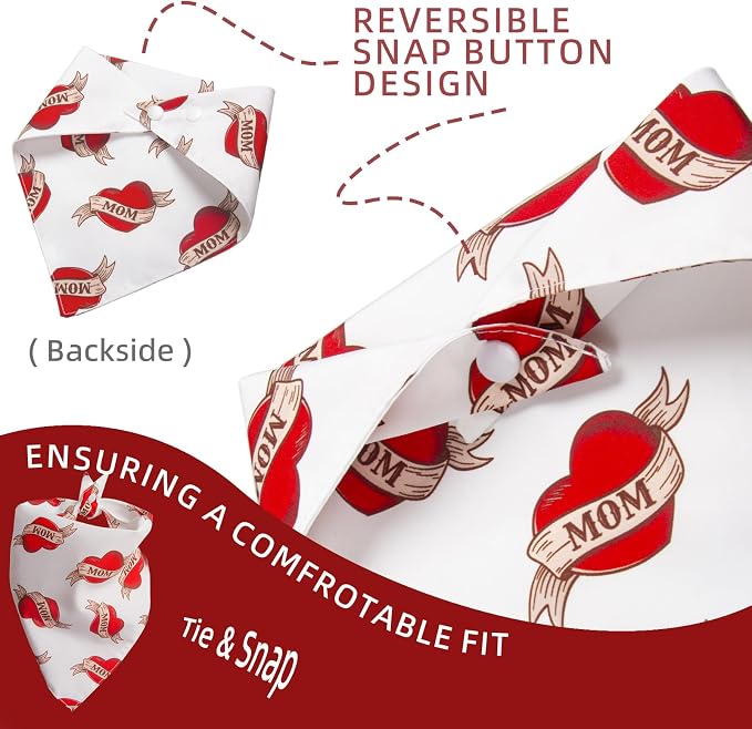 Valentines Day Dog Bandanas - Vintage Mom Heart Print, Holiday Costume Pet Scarf, Adjustable Snap Button for Small & Medium Breeds (5-30lbs)