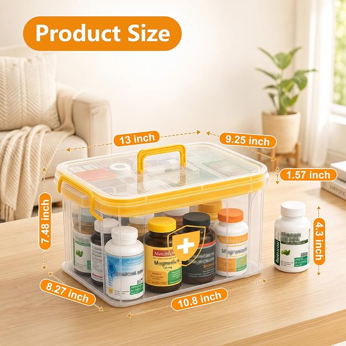 15QT Clear Medicine Organizer Box with Handle, Plastic Medicine Container with Tray First Aid Box Empty, Thickened Medicine Storage Organizer Multipurpose Medication Organizer Storage, Yellow