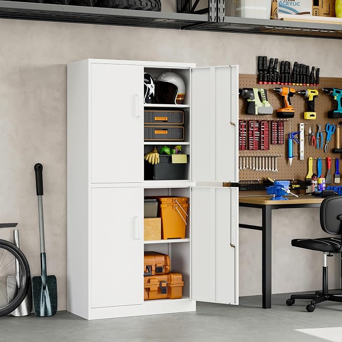 Metal Storage Locking Cabinet with 4 Doors and 2 Adjustable Shelves,71" Lockable Garage Tall Steel Cabinet,for Home Office,Living Room,Pantry,Gym,Commercial Storage (White)