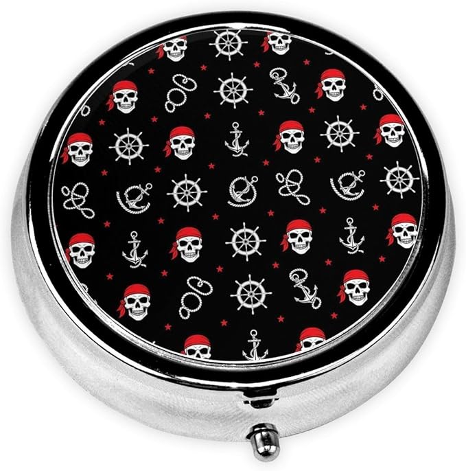 Round Pill Container, 3-Compartment Mini Organizer, Sturdy Metal Case for Medicine, Travel Pill Holder Purse Pocket Essential, Nautical Anchor Pirate Skulls Crossbones