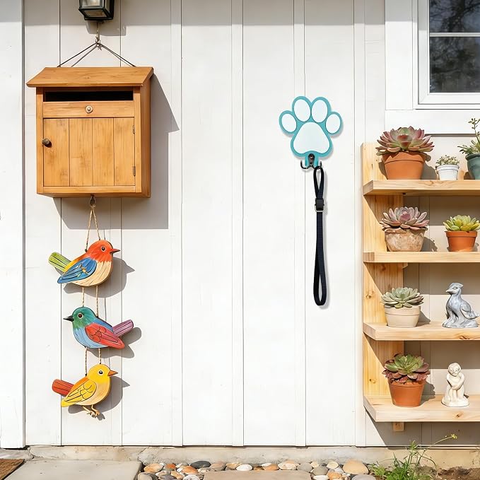 Rustic Wooden Dog Leash Holder Wall Decoration, Cute 3D Puppy Paw Wall Mount Hanger Organizer Hooks for Home Decor, Farmhouse, Coat Rack, Keys, Harness, Collars, Entryway, Pet Lover Gift（Teal Blue）