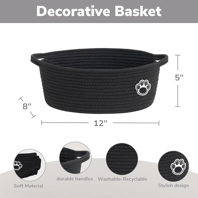 Woven Rope Dog Toy Basket with Paw Print, Black | 12"x 8" x 5" Small Dog Toy Bin & Box with Handles, Fits Living Room Bedroom Nursery Organization, Gift Basket Empty for Pets