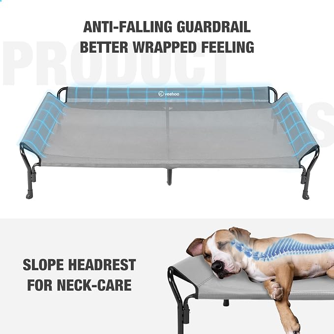 Veehoo Cooling Elevated Dog Bed, Raised Dog Cot with Guardrail & Headrest | Washable Dog Couch Bed for Indoor & Outdoor, Durable Breathable Teslin Mesh, Non-Slip Feet, XX Large, 63" x 37", Grey