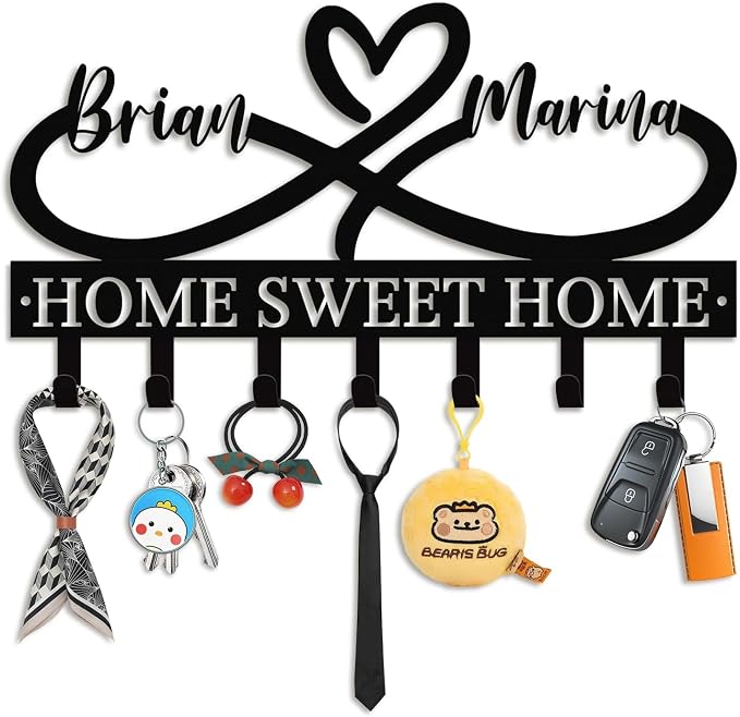 Personalized Couple Key Holder for Wall, Custom Heart Name Hooks | Heart infinity metal key rack for bedroom decor, rust-resistant finish, ideal wedding, anniversary and new home gift
