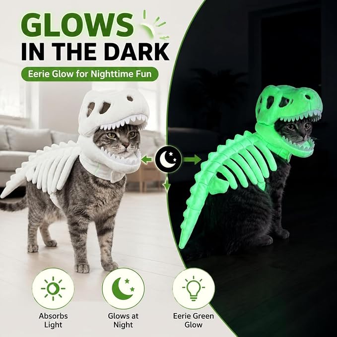 Glow-in-the-Dark Dinosaur Skeleton Cat Costume (L) | Plush Halloween Pet Hood Outfit with Soft Fabric, Easy-On Design, Perfect for Party, Trick-or-Treat & Holiday Photo Fun