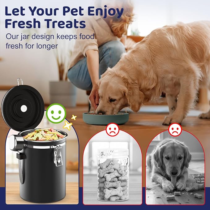 ENONCI Airtight Dog Treat Canister, 304 Stainless Steel Food Storage Jar with Date Dial Black-1.8L