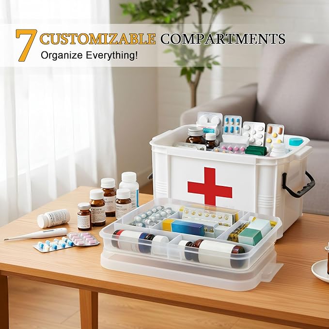 15QT Clear Medicine Organizer Box with Handle, Plastic Medicine Container with Tray First Aid Box Empty, Thickened Medicine Storage Organizer Multipurpose Medication Organizer Storage, White
