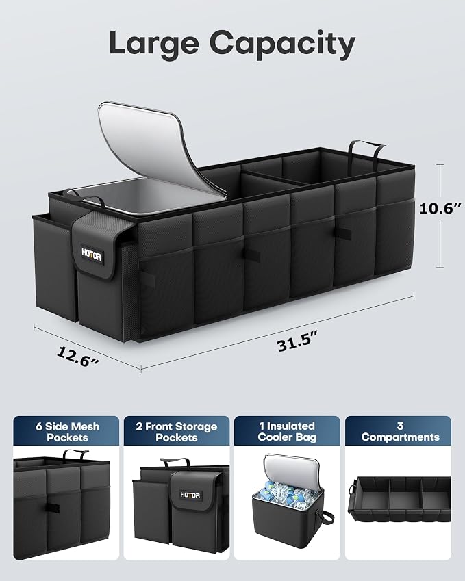 HOTOR Trunk Organizer, Sturdy Foldable with Cooler for Car, Sudan & SUV | Car Organizers and Storage, Detachable Cooler Bag, for Tools, Camping, 3 Compartments, Black, 31.5” x 12.6” x 10.6”