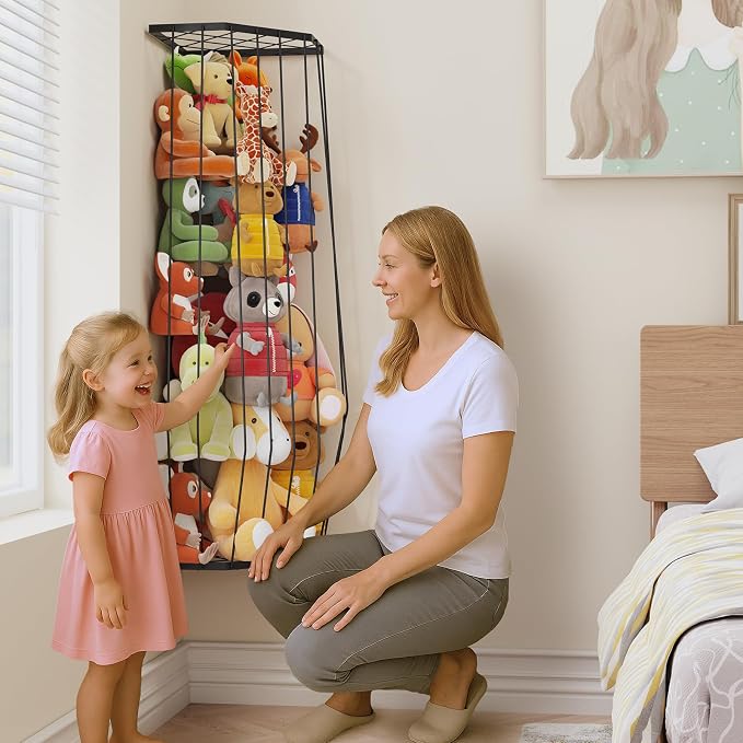 BBLlKE Stuffed Animal Storage Zoo - Corner Plush Toy Organizer Length Adjustable, Wall Hanging Stuffed Animal Net Holder for Nursery Playroom Bedroom Kids Room, Black