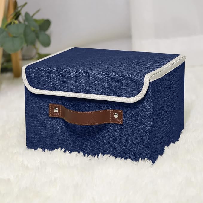 ANMINY Fabric Storage Box Bins with Lids, Blue, 10"x8"x7", 4 Pack | Keepsake Memory Storage, Cotton Linen, PP Board Reinforced, Washable, PU Handles, Foldable & Stackable, Decorative, Small
