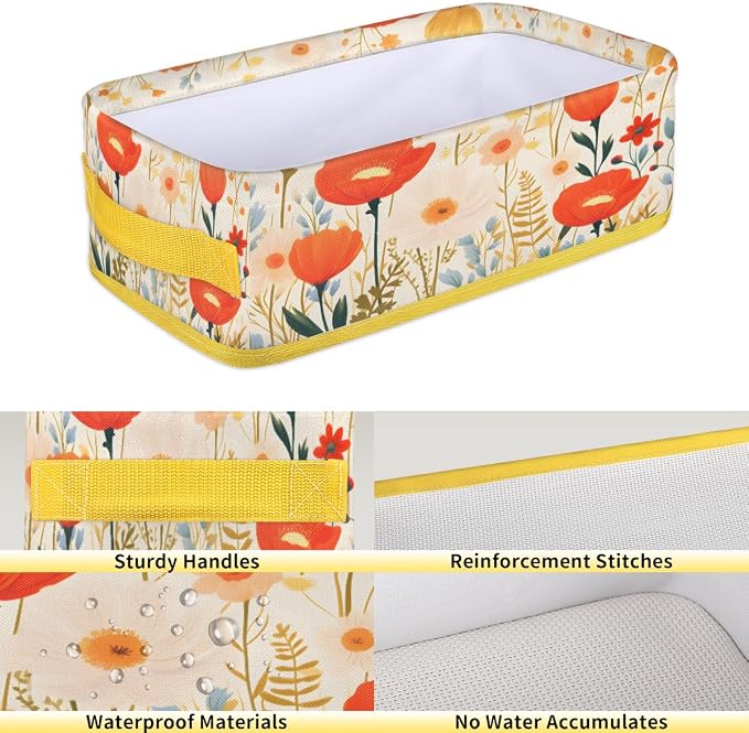 Spring Flowering Plants Bathroom Storage Basket, Foldable with Handle Open Countertop Paper Towel Decorative Box, Toilet Tank Top Shelf Baskets for Home Closet Bedroom Living Room Office