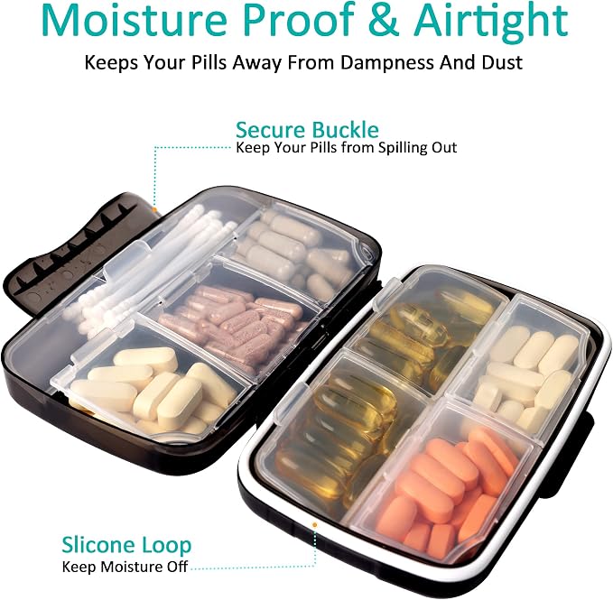Fullicon Moisture Proof Travel Pill Organizer, 8 Compartments, Blue | Moisture Proof, Travel, Easy Open, Holds 14-17 Fish Oils, 20-35 Capsules or 13-21 Vitamins, Customized Labels, BPA-Free