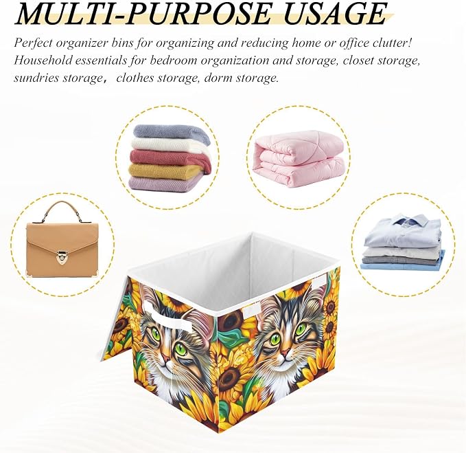 Sunflower Cat Storage Bins with Lids Closet Bedroom 40L Storage Basket | Decorative Storage Boxes, Foldable & Stackable, Dust-Proof Flip Top, Reinforced Handles, For Home & Dorm, Clothes & Toy Box