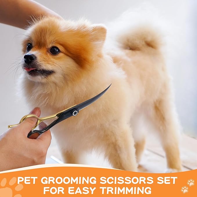 7 Inch Professional Dog Grooming Scissors Kit, 6 in 1 Grooming Scissors for Dogs, Pet Grooming Shears Set, Straight Scissor & Thinning Shear & Curved Scissor & Chunker Shear (Black Gold)