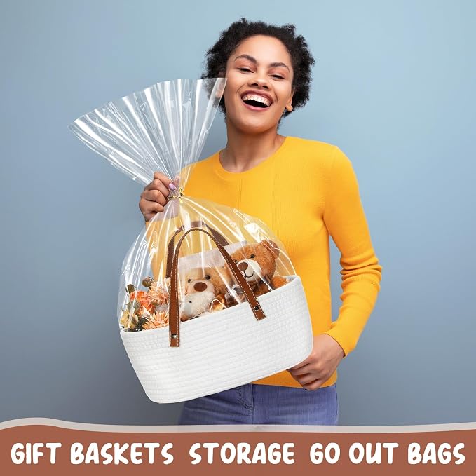 Colingmill Empty Woven Gift Basket with PU Leather Handle and Bag Cotton Rope Basket Organizer for Pet Toy Storage Baby Shower Birthday Party Wrapping Gift(12 * 8 * 5 Inch)