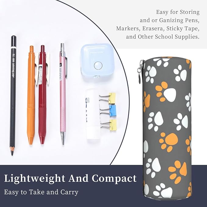 OSAM SPACE Leather Pencil Case Round Pencil Bag Cute Cartoon Cat Paws Pen Organizer Holder Portable Zipper Pouch Cute School Supplies for Girls Boys Study Office
