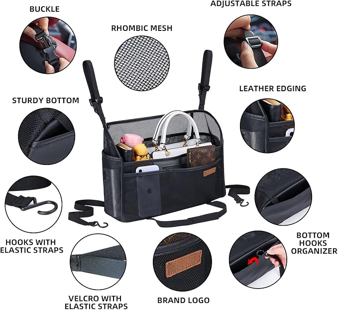 WLLWOO Car Net Pocket Organizer Purse Holder Console Front Seat Storage | Multi Pocket Car Seat Organize Bag Handbag Holder Between Seats Back Barrier
