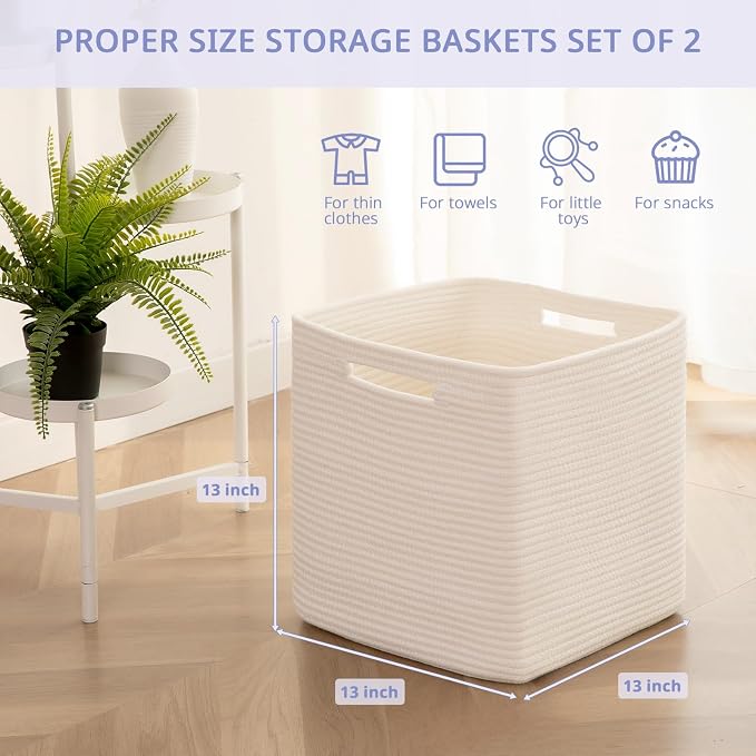OIAHOMY 3 PACK Cube Storage Bin 13 Inch Collapsible Storage Cube White | Cube Storage Organizer Storage Bins for Shelves Baskets for Organizing Woven Rope Storage Baskets