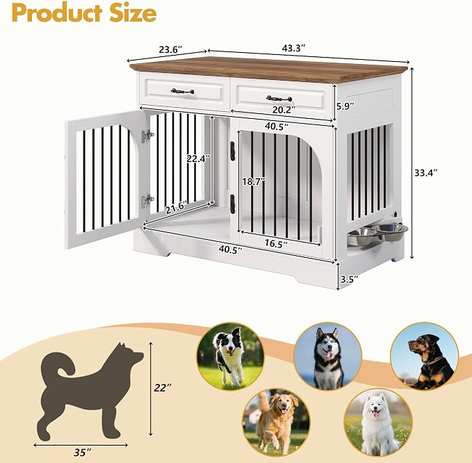 Merax 43.3" Farmhouse Dog Crate Furniture with Rotating Bowls & Drawers – Wooden Indoor Pet Kennel Side Table with Metal Bars – Stylish Dog House for Medium to Large Breeds, White & Brown
