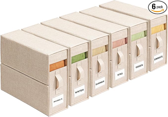Sheet Organizers and Storage for Linen Closet, 6Pack Beige | 1200D Linen-Type Cloth, Fits King and Queen Sheet Sets, Clear Window and Label Slot, Foldable Dustproof Storage with Handle