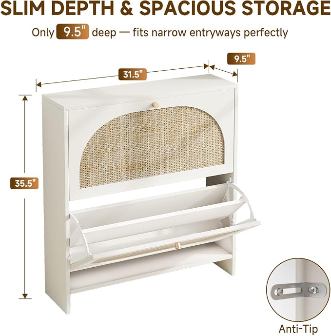 Shoe Cabinet Storage for Entryway Slim 9.5" Freestanding Floor Base Shoe Storage Cabinet, 2 Flip Drawers with 3-Position Adjustable Divider, Holds 16-24 Pairs, Cream White