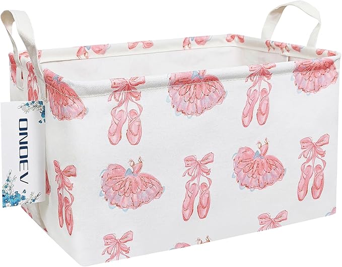 Rectangular Pink Ballerina Storage Bin,Closet Organizer Basket | Waterproof,reinforced handles,foldable bin holds apparel,dance gear, sundries & belongings for teen-girl bedrooms