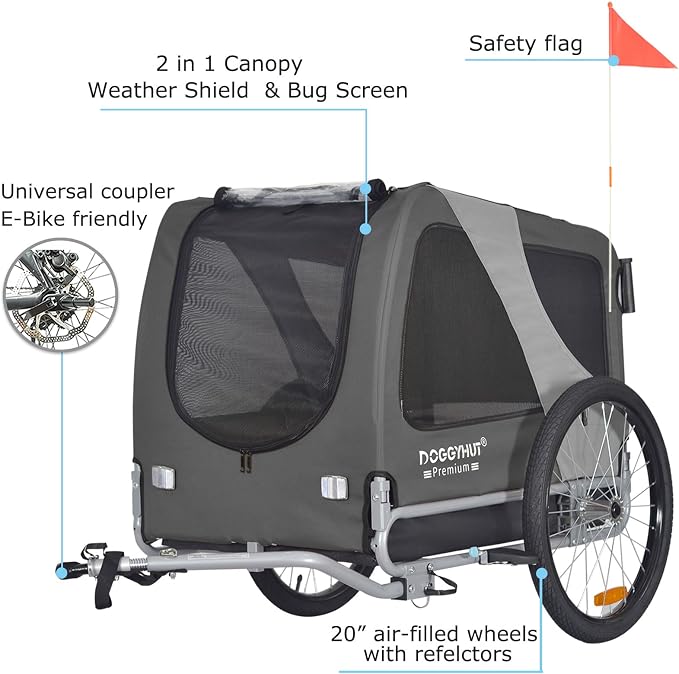 DOGGYHUT® Premium Large Pet Bike Trailer & Stroller Up to 77 lbs (Gray) | Bicycle Trailer for Small Medium or Large Dogs, Dog Bicycle Carrier, Low Center of Gravity, Folding Frame Cart