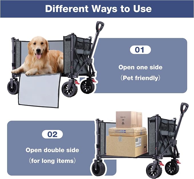 Collapsible Wagon Cart Foldable with Big Wheels Brakes, 250lbs Folding Utility Lightweight Garden Wagon, Portable Grocery Cart for Camping Shopping Sports Pets, Grey