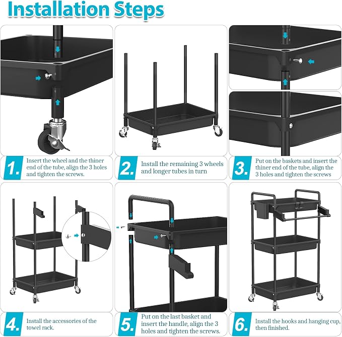 SPACEKEEPER Rolling Storage Cart, 3 Tier Utility Cart for Bathroom, Black | Rolling Cart with Lockable Wheels, Towel Rack, Hooks & Cup for Laundry Room,Kitchen,Office, Snack,Craft,Art,Makeup,Nail,Toys
