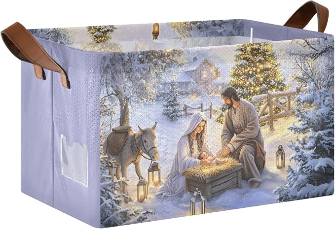 Nativity Scene Holy Night Religious Christmas Storage Bins for Shelves with Labels&Handles Fabric Organizer Bin Foldable Rectangle Storage Basket Boxes for Closet,Bathroom, Home, Living Room