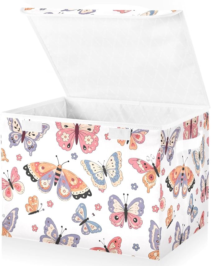 Butterfly Fabric Storage Bins with Lid Foldable Storage Boxes 40L Baskets | Decorative Storage Boxes, Dust-Proof Flip Top, Reinforced Handles, For Home & Bedroom, Clothes & Toy Box, Oxford Fabric Print