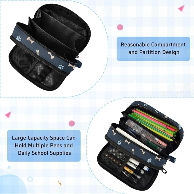 Pet Paw Black print Large Capacity Pencil Case with Zipper Water Resistant Portable Organizer Pen Bag for Students School Office