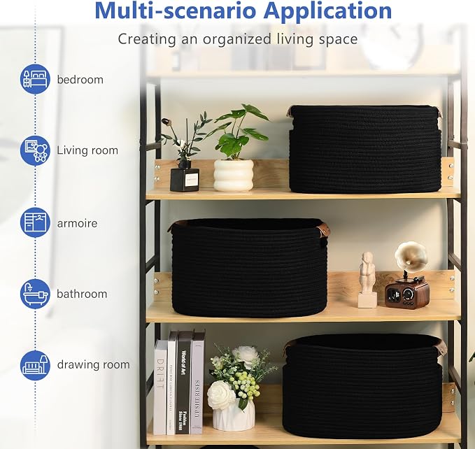 ECDYQXVU 15x10x9 Black Woven Cotton Rope Storage Basket Handles 1 Pack | Foldable Design, Leather Handles, Easy to Clean Organizer for Living Room, Closet, Shelves, Bedroom, Laundry, Clothes